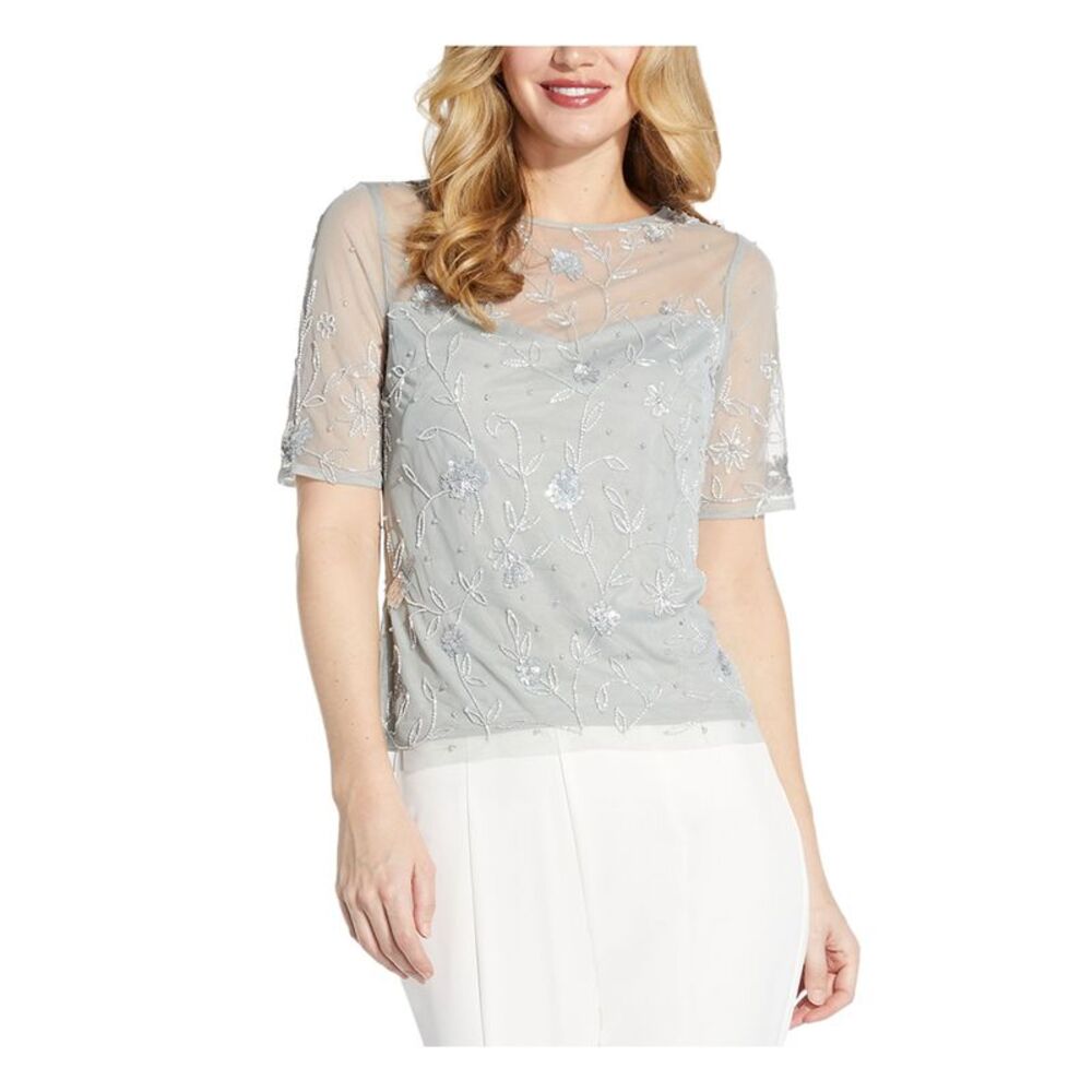 ADRIANNA PAPELL Womens Green And Lined Short Sleeve Boat Neck Party Top 6